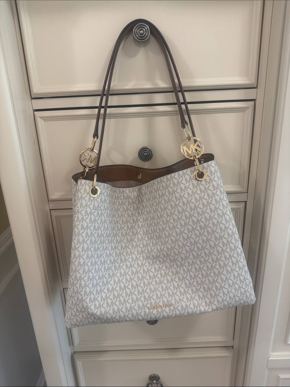 Michael Kors White and Brown MK Logo Tote